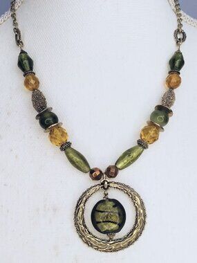 Lia Sophia Bohemian Pendant Necklace Green & Amber Art Glass Beads 16" Lauren